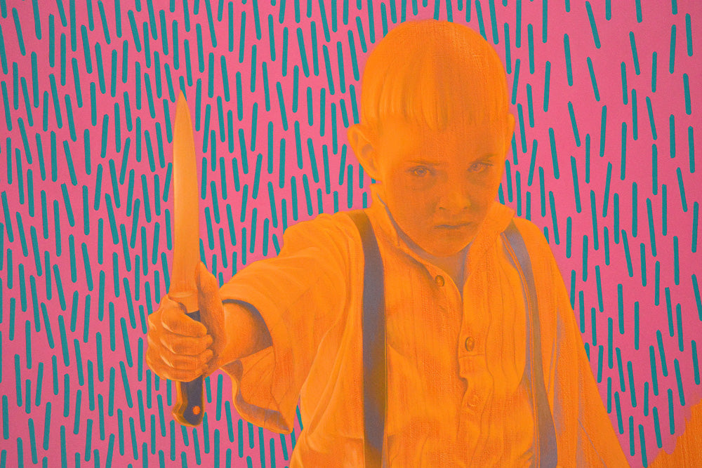 Brave boy, unique, painting, hand-painted one-of-a-kind piece, 120 x 90 cm, framed with beech bar