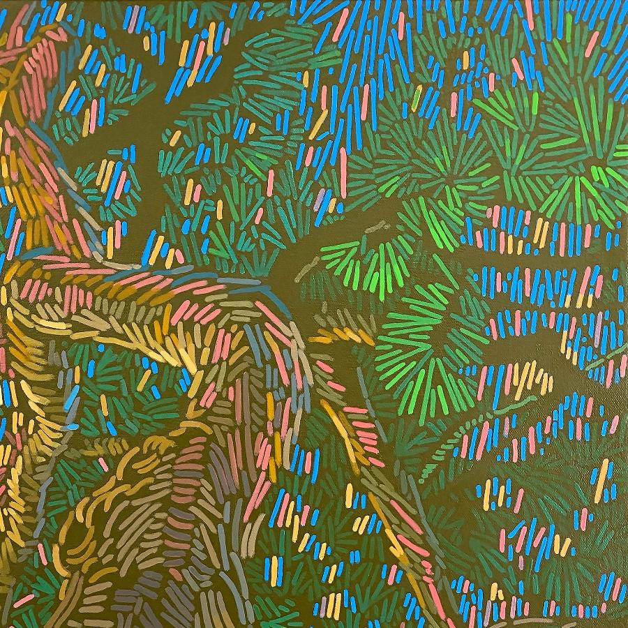 Pine trees under a blue sky, unique painting, hand-painted unique piece, 70 x 50 cm, with frame