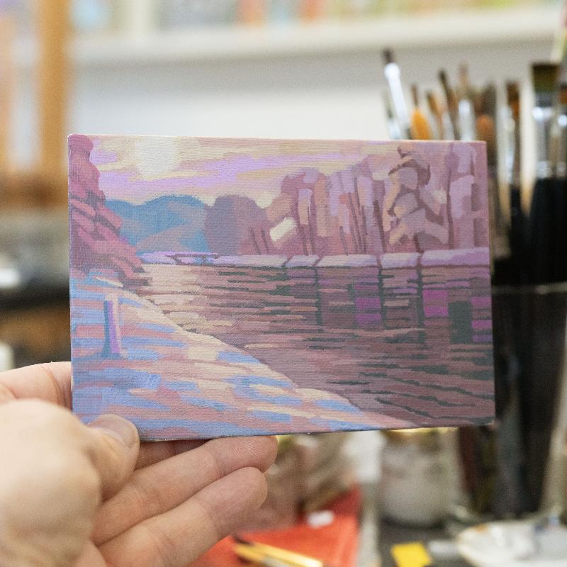Original painting - "Winter by the river" - hand painted - acrylic painting - 10x15 cm - landscape picture - unique piece - with frame