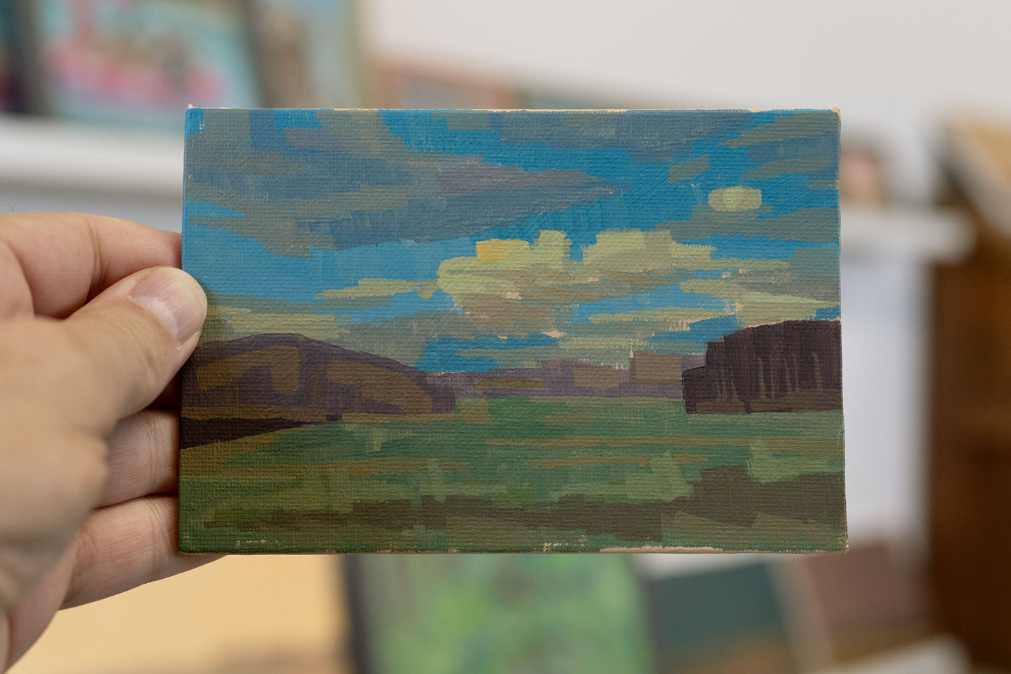 Original painting - "meadow and clouds" - hand painted - acrylic painting - 10x15 cm - landscape picture - unique piece - with frame