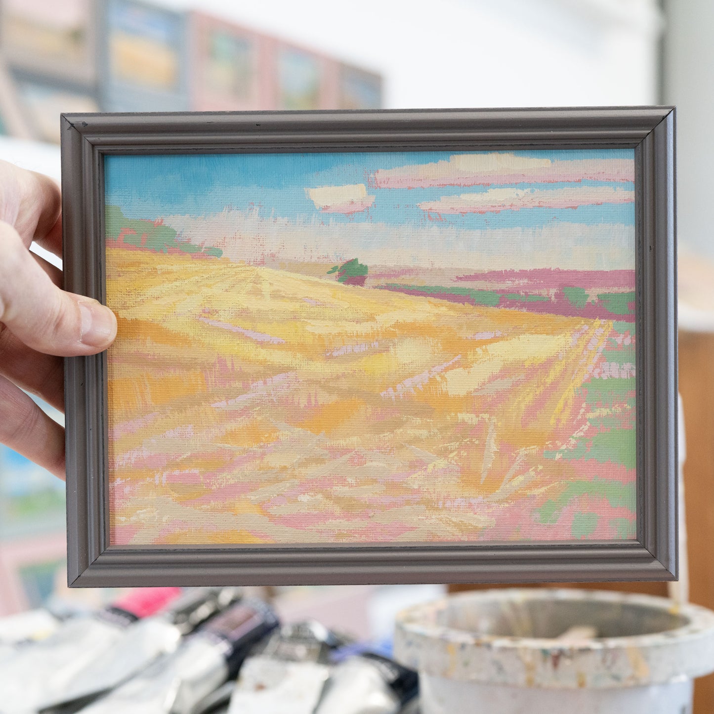 "Field experiment", unique, painting, hand-painted unique piece, 20 x 15 cm, with picture frame