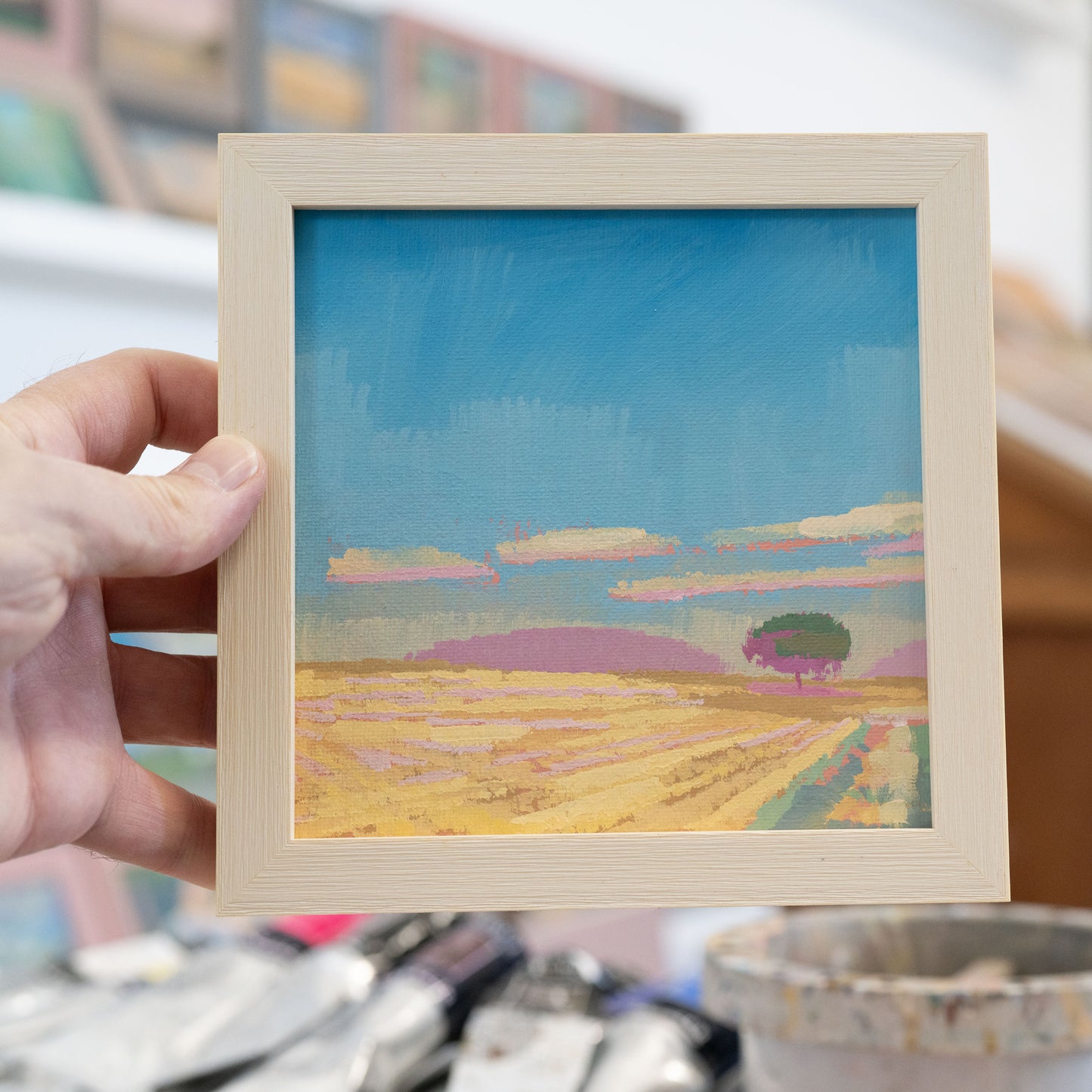 "Hoher Himmel", Unikat, Malerei, handgemaltes Einzelstück, 17,3 x 17,3 cm, mit Bilderrahmen