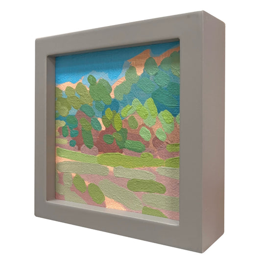 "Blue in green 2", Unikat, Malerei, handgemaltes Einzelstück, 12 x 12 cm, mit Bilderrahmen, Pocket Art Landschaftsmalerei