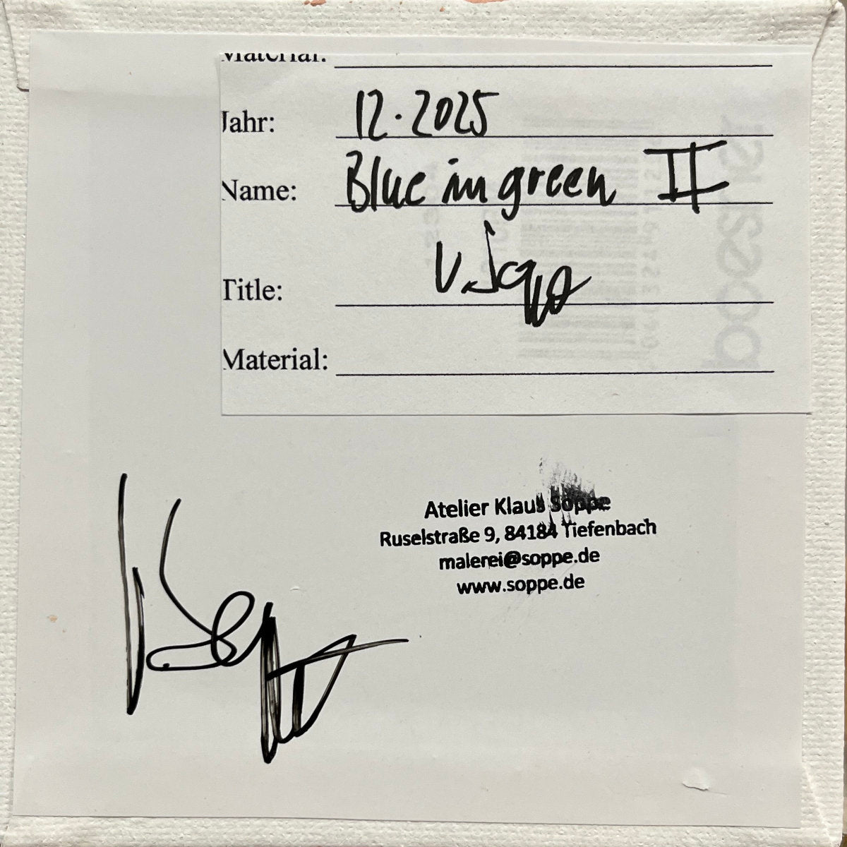 "Blue in green 2", unique painting, hand-painted single piece, 12 x 12 cm, with picture frame