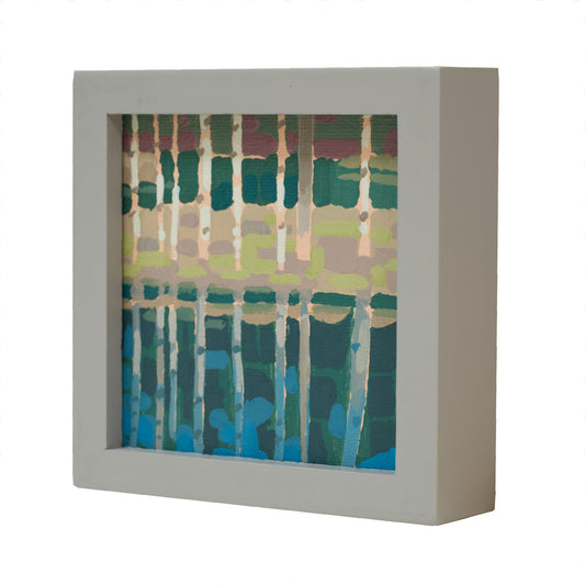 Landschaftsmalerei, "Birkensee", Unikat, handgemaltes Einzelstück, 12 x 12 cm, mit Bilderrahmen, Mini-Bild