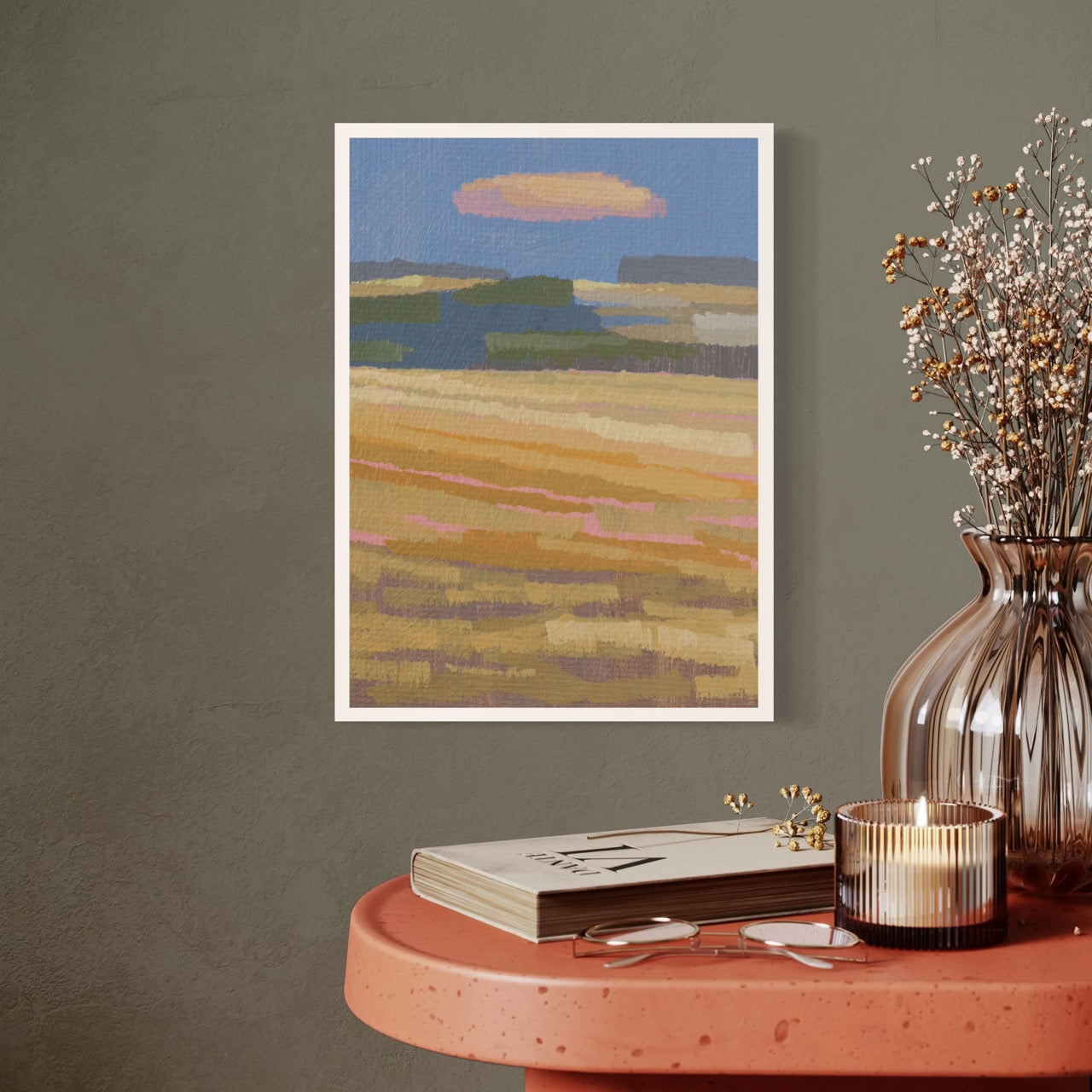 Kunstkarte "Herbstfeld", Mini-Poster im DIN A4 Format, malerische Landschaft mit Wolkenhimmel, dekorativ und einzigartig.