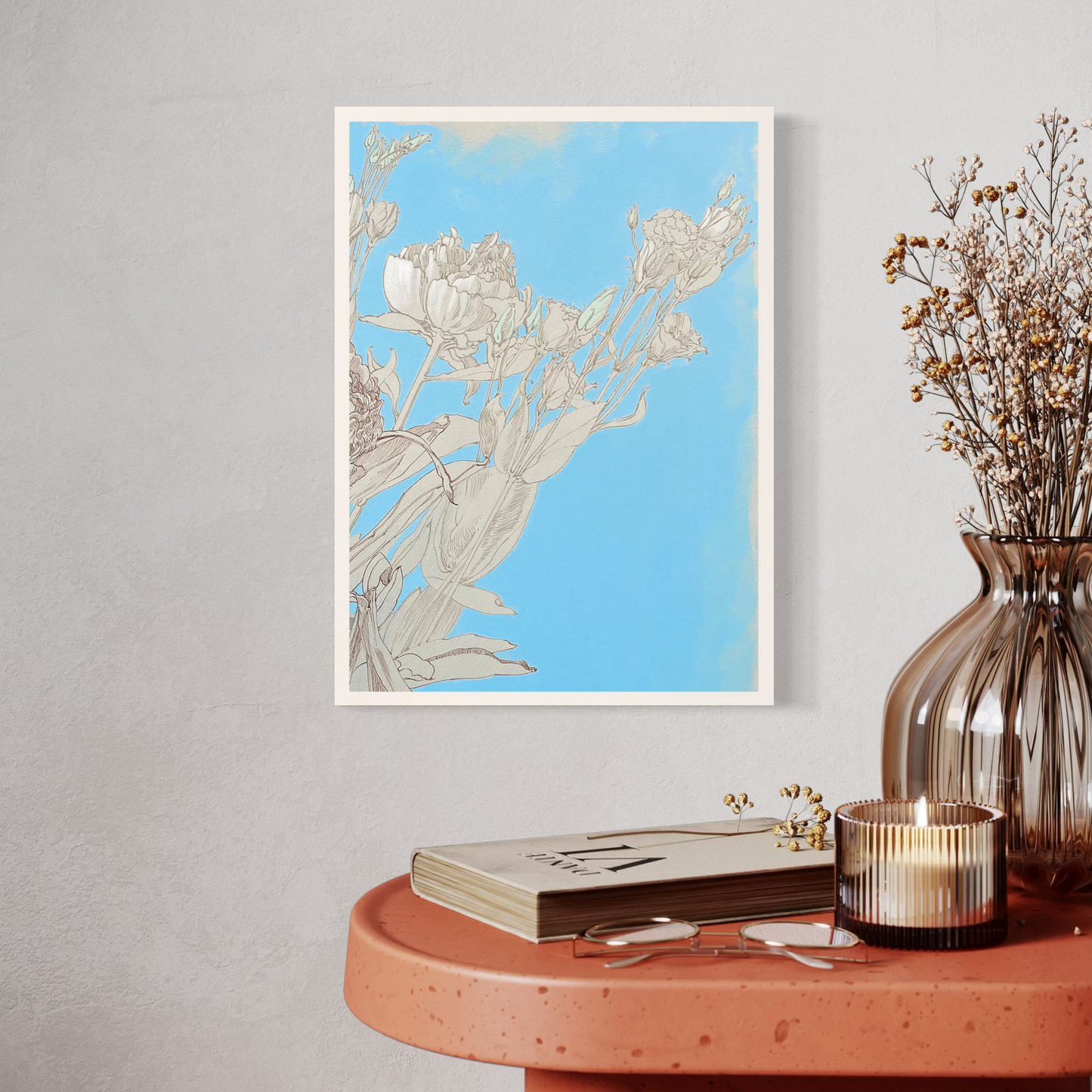 Mini-Poster mit floraler Lisianthus-Zeichnung auf blauem Hintergrund, ideal zum Dekorieren und Verschenken.