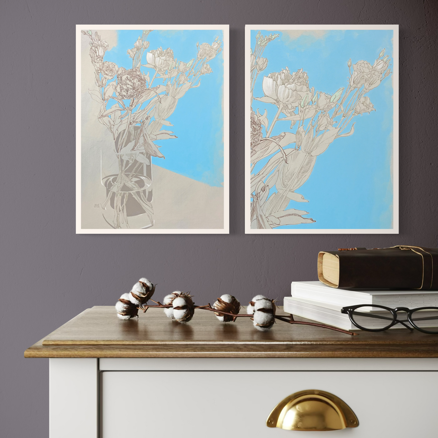 Florale Zeichnung von Lisianthus in Rahmen, Mini-Poster im DIN A4 Format, moderne Wanddekoration.