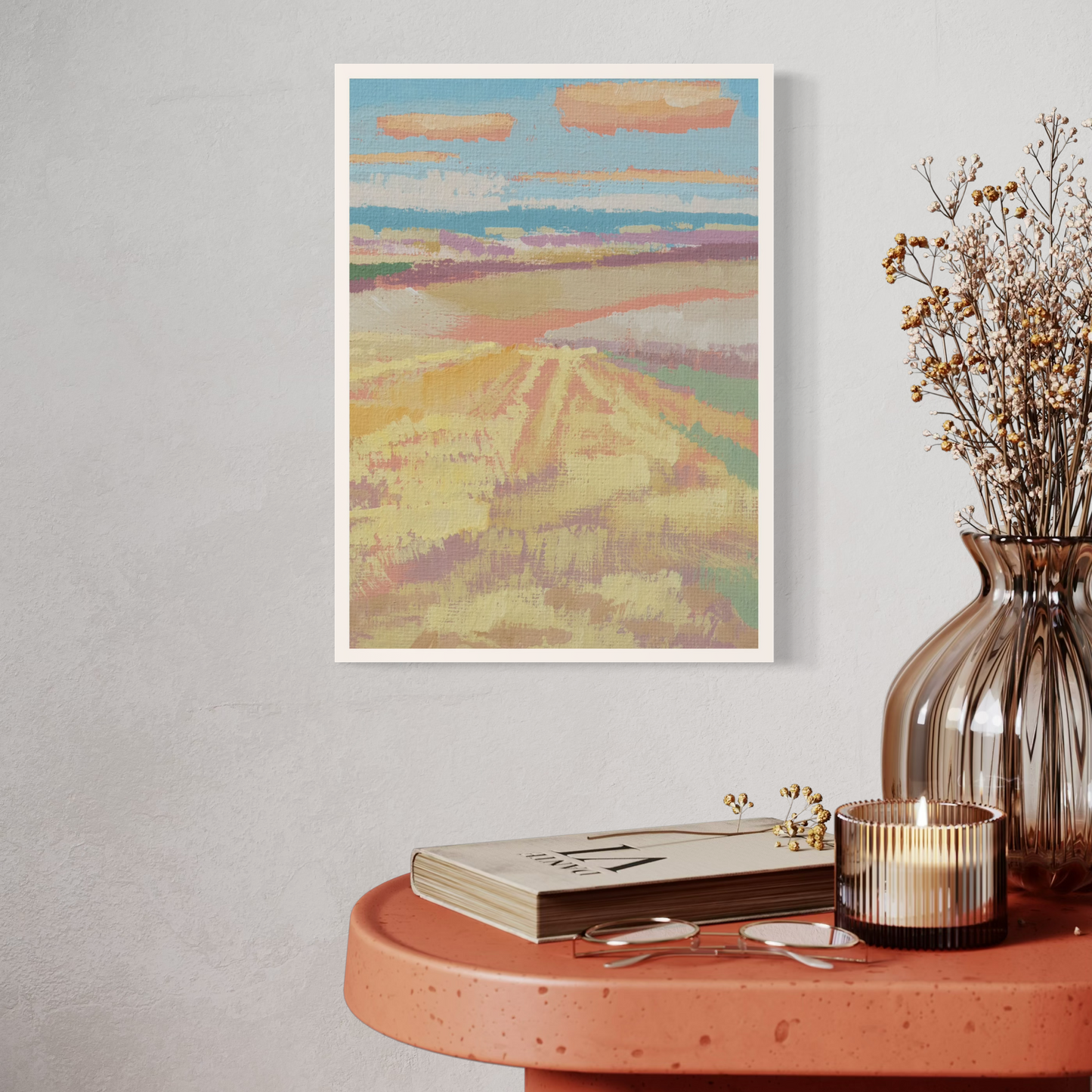 Mini-Poster "Himmelblau" mit Landschafts-Motiv auf recyceltem Karton, dekorativ auf einem Tisch platziert.