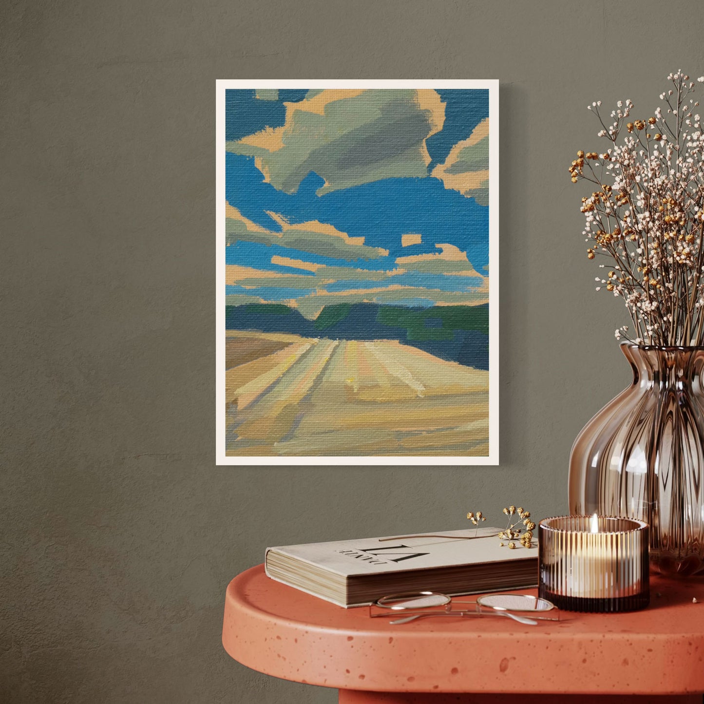 Mini-Poster "Heiter" mit malerischer Landschaft und Wolkenhimmel, DIN A4 auf recyceltem Karton. Ideal zum Rahmen oder Verschenken.