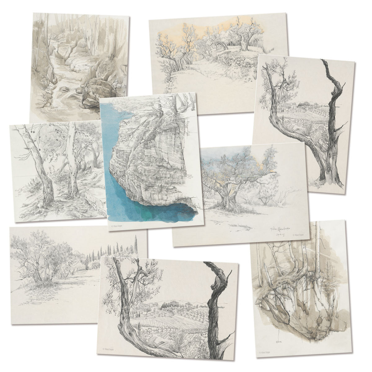 Postcard Set Landscapes Drawings