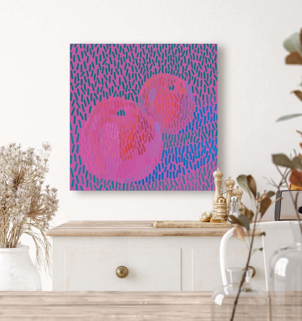 Äpfel Magenta Stillleben, Leinwanddruck in 30x30 cm, lebendige Farben, stilvolle Wanddekoration für moderne Räume.