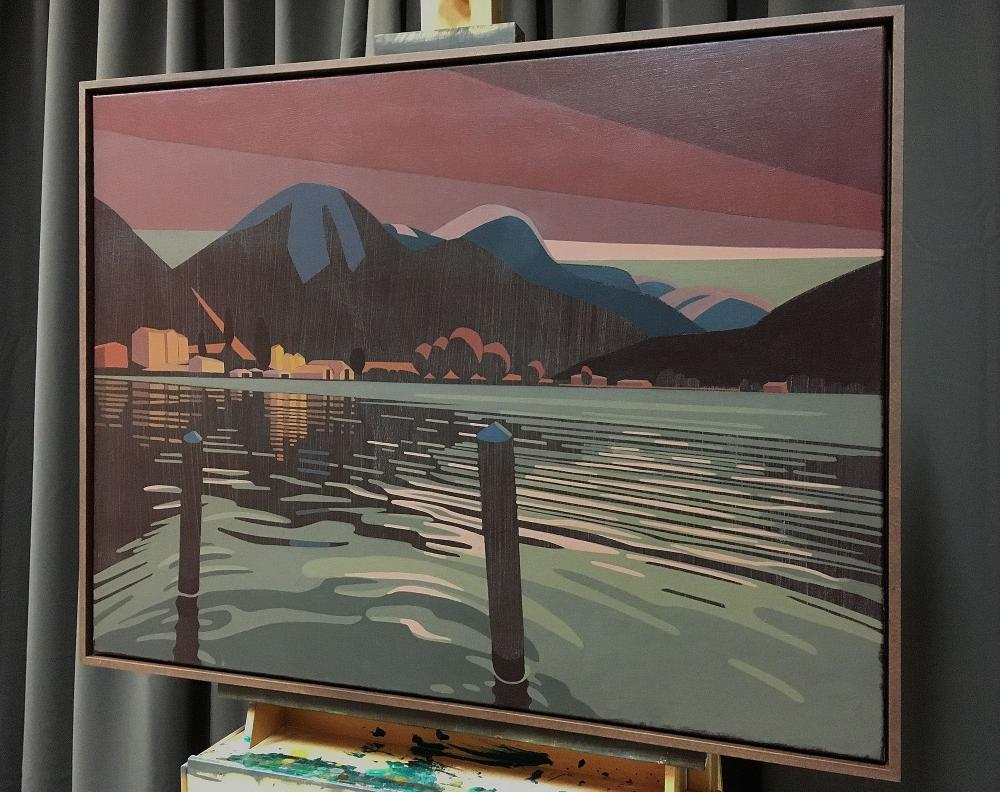 Lake view, unique, painting, hand-painted unique piece, 90 x 70 cm, with frame