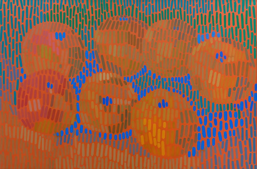 Stillleben von oranges mit leuchtenden Farben auf strukturiertem Hintergrund, Kunstdruck auf Leinwand.