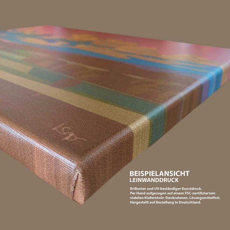 Detailaufnahme eines hochwertigen Leinwanddrucks mit brillanten Farben und stabiler Holzrahmenkonstruktion.