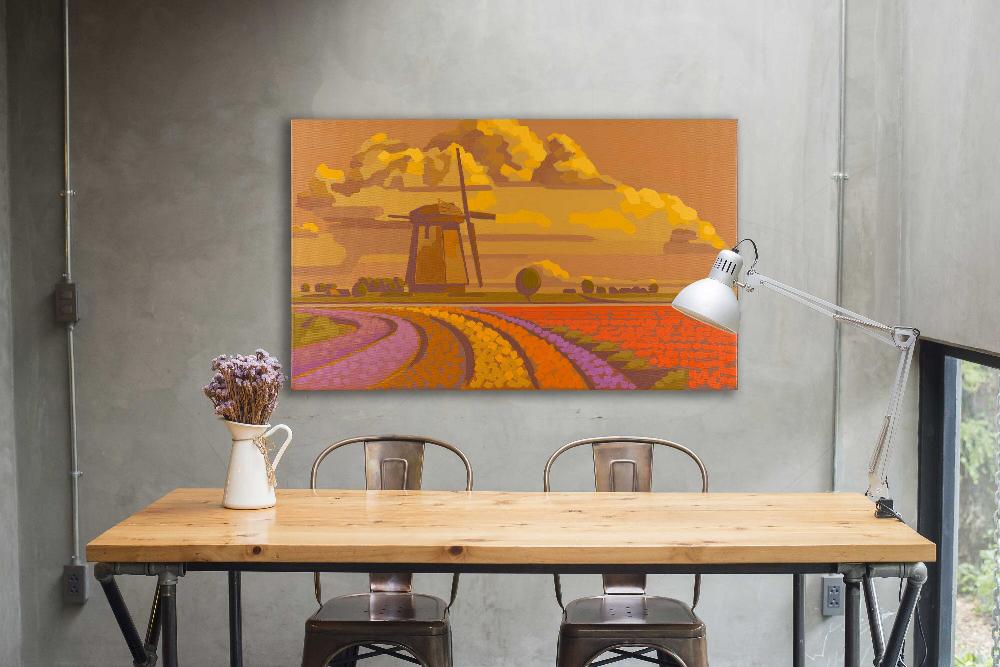 Windmill in Flower Field Landscape Wall Art Canvas Print