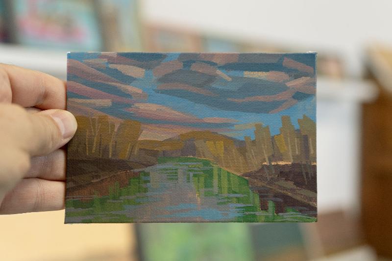 Original painting "At the power plant" - hand painted - acrylic painting - 10x15 cm - landscape picture - unique piece - with frame