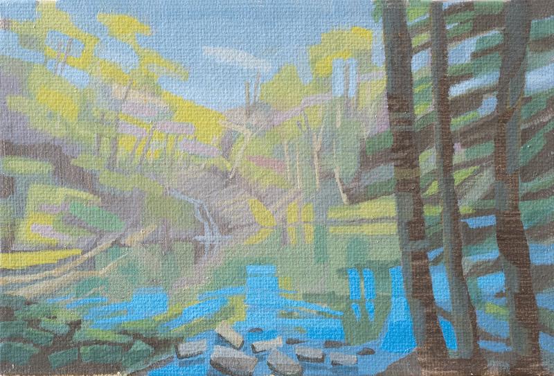 Original painting - "Forest Lake" - hand painted - acrylic painting - 10x15 cm - landscape picture - unique piece - with frame