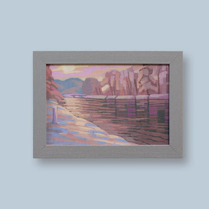 Original painting - "Winter by the river" - hand painted - acrylic painting - 10x15 cm - landscape picture - unique piece - with frame
