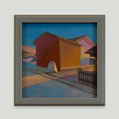 Rotes Haus, Unikat, Malerei, handgemaltes Einzelstück, 17,3 x 17,3 cm, mit Bilderrahmen