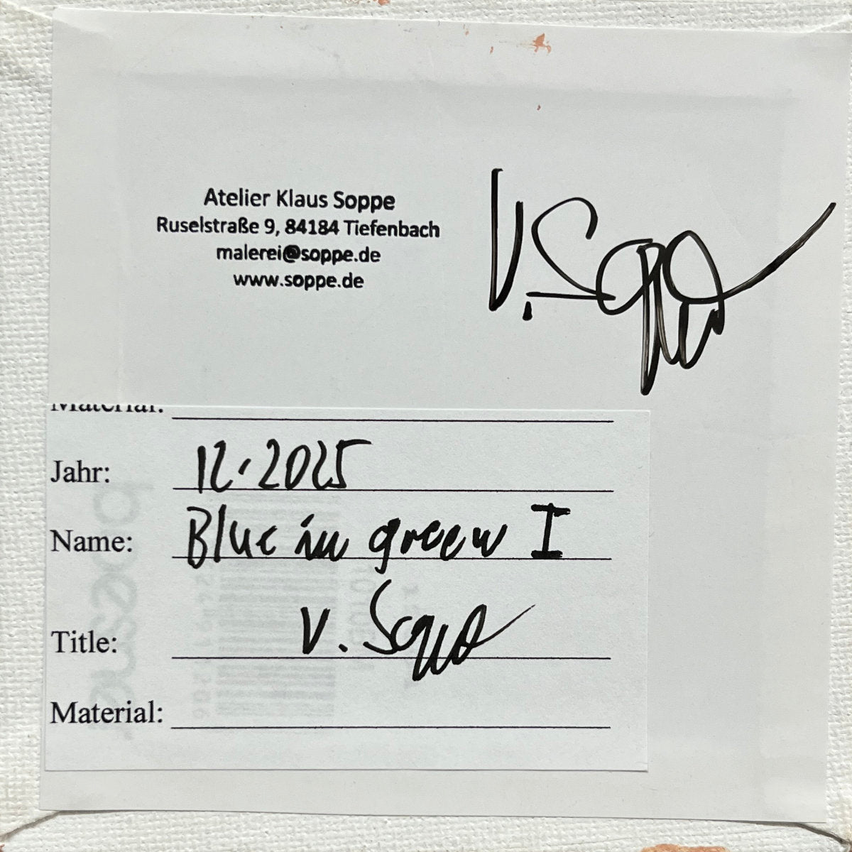 "Blue in green 1", unique painting, hand-painted single piece, 12 x 12 cm, with picture frame