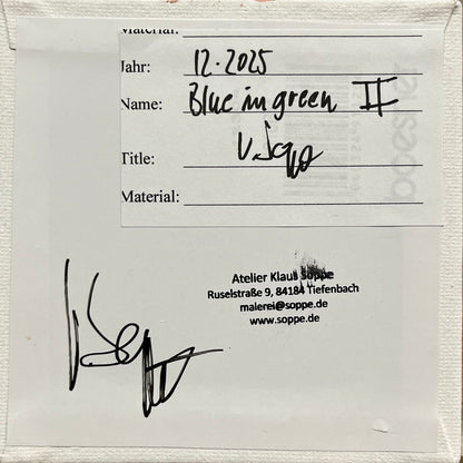 "Blue in green 2", unique painting, hand-painted single piece, 12 x 12 cm, with picture frame