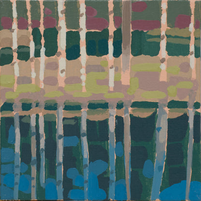 Landschaftsmalerei, "Birkensee", Unikat, handgemaltes Einzelstück, 12 x 12 cm, mit Bilderrahmen, Mini-Bild