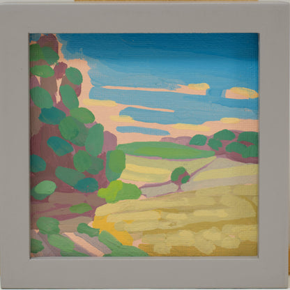 Landschaftsmalerei, "Grünes Feld", Unikat, handgemaltes Einzelstück, 12 x 12 cm, mit Bilderrahmen, Acrylbild klein