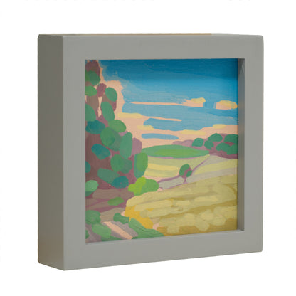 Landschaftsmalerei, "Grünes Feld", Unikat, handgemaltes Einzelstück, 12 x 12 cm, mit Bilderrahmen, Acrylbild klein