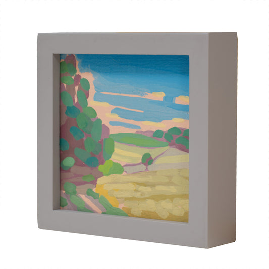 Landschaftsmalerei, "Grünes Feld", Unikat, handgemaltes Einzelstück, 12 x 12 cm, mit Bilderrahmen, Acrylbild klein