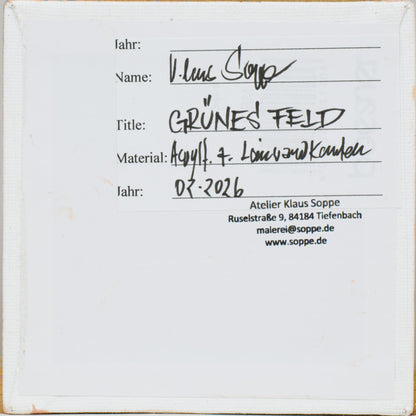 Landschaftsmalerei, "Grünes Feld", Unikat, handgemaltes Einzelstück, 12 x 12 cm, mit Bilderrahmen, Acrylbild klein