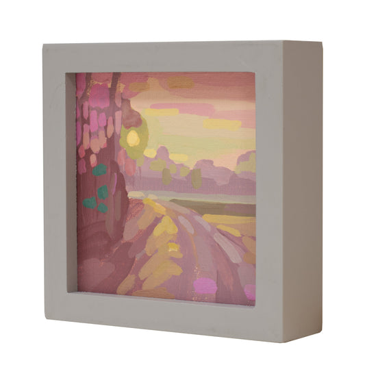 Landschaftsmalerei, "Morgenweg", Unikat, handgemaltes Einzelstück, 12 x 12 cm, mit Bilderrahmen, Acrylbild klein