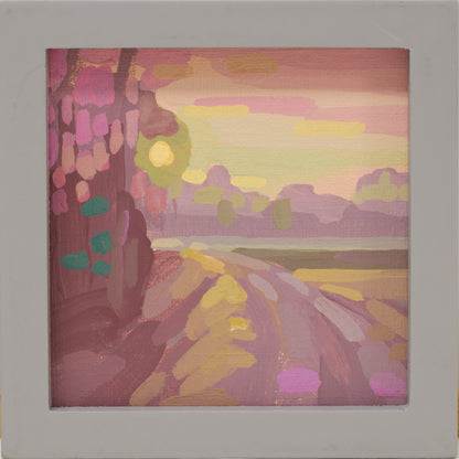 Landschaftsmalerei, "Morgenweg", Unikat, handgemaltes Einzelstück, 12 x 12 cm, mit Bilderrahmen, Acrylbild klein