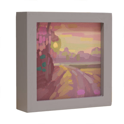 Landschaftsmalerei, "Morgenweg", Unikat, handgemaltes Einzelstück, 12 x 12 cm, mit Bilderrahmen, Acrylbild klein