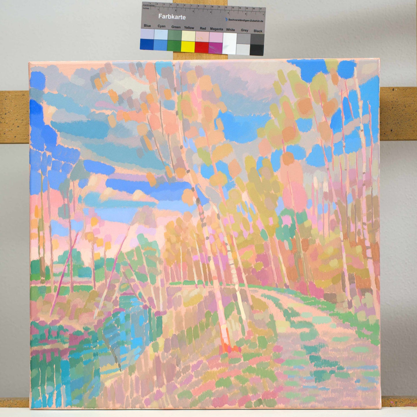 Malerei Birken am Fluss, handgemaltes Unikat, Natur, Landschaftsmalerei, Himmel, Acrylmalerei 50x50cm
