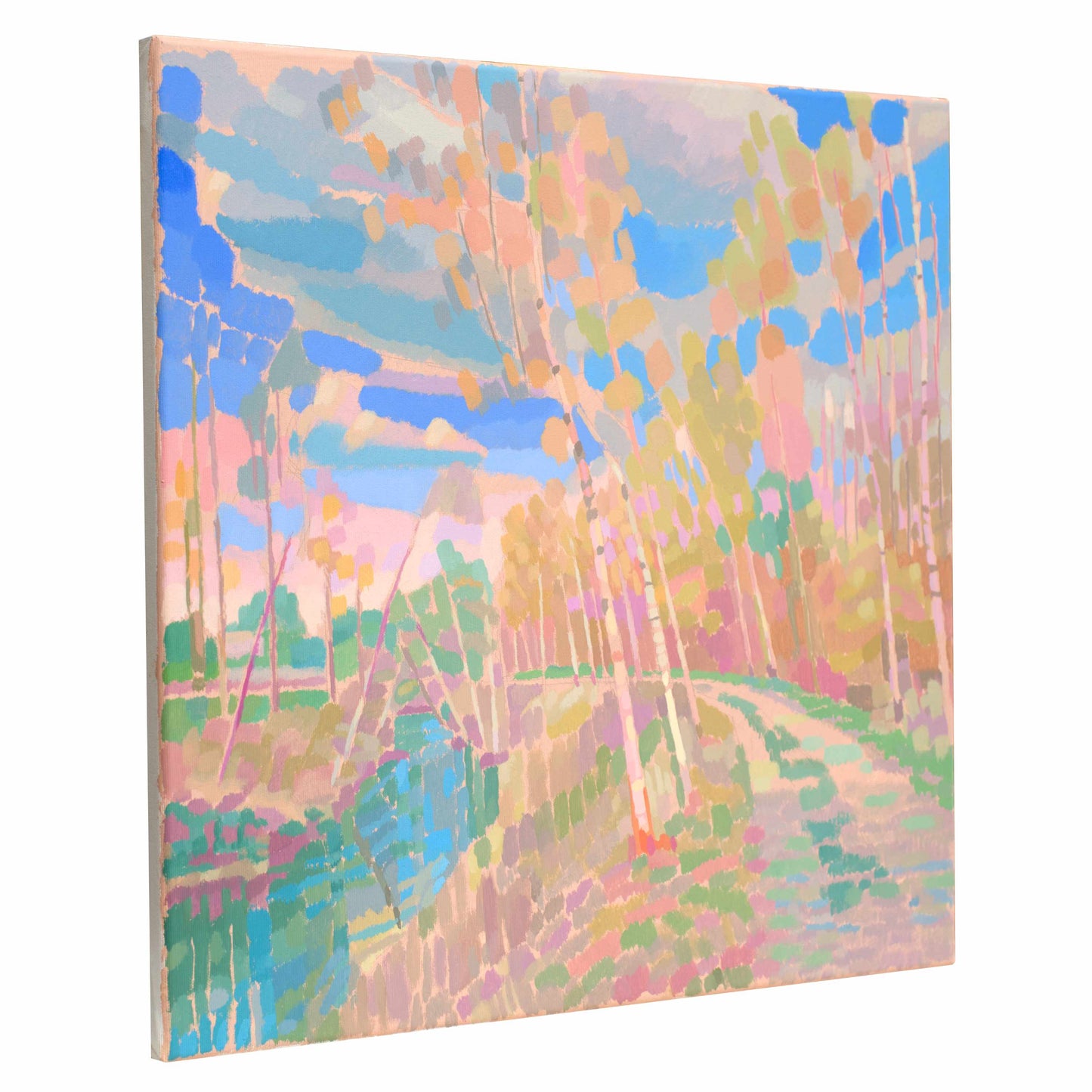Malerei Birken am Fluss, handgemaltes Unikat, Natur, Landschaftsmalerei, Himmel, Acrylmalerei 50x50cm