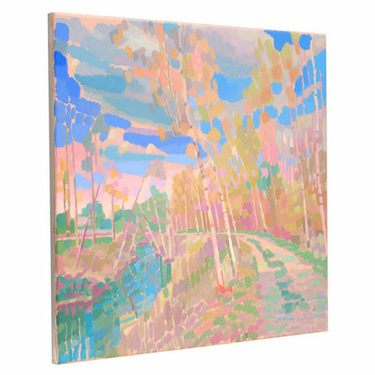 Malerei Birken am Fluss, handgemaltes Unikat, Natur, Landschaftsmalerei, Himmel, Acrylmalerei 50x50cm