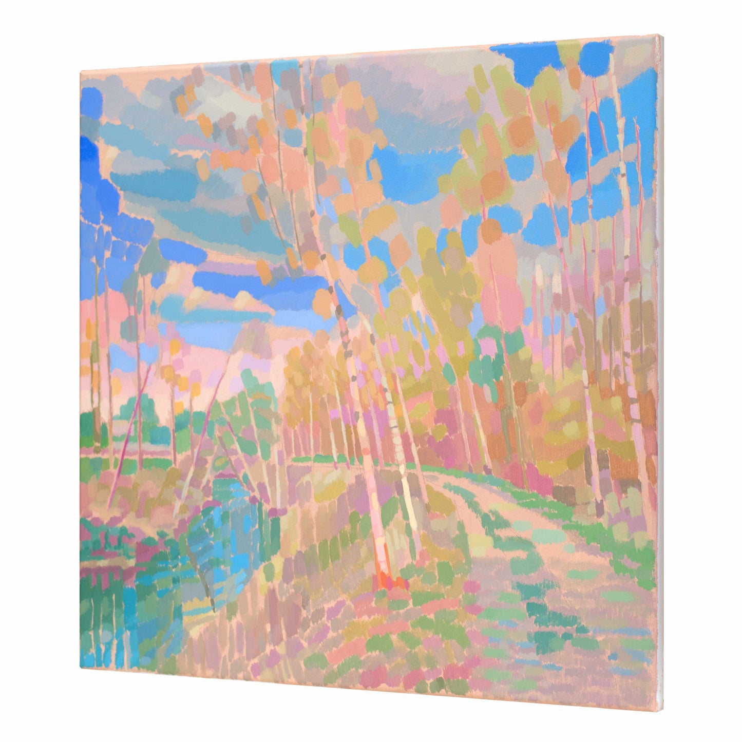 Malerei Birken am Fluss, handgemaltes Unikat, Natur, Landschaftsmalerei, Himmel, Acrylmalerei 50x50cm