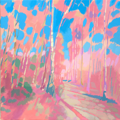 Malerei Birkenweg, handgemaltes Unikat, Natur, Landschaftsmalerei, Himmel, Acrylmalerei 50x50cm