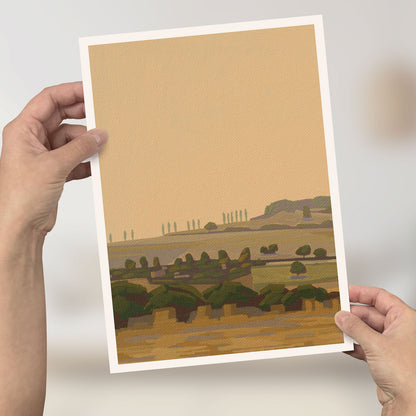 Person hält ein Mini-Poster mit dem Motiv "Fünfzehn Pappeln" im Format DIN A4.