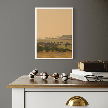 Mini-Poster mit Pappeln in sanften Farben, gerahmt an einer Wand über einem Tisch.