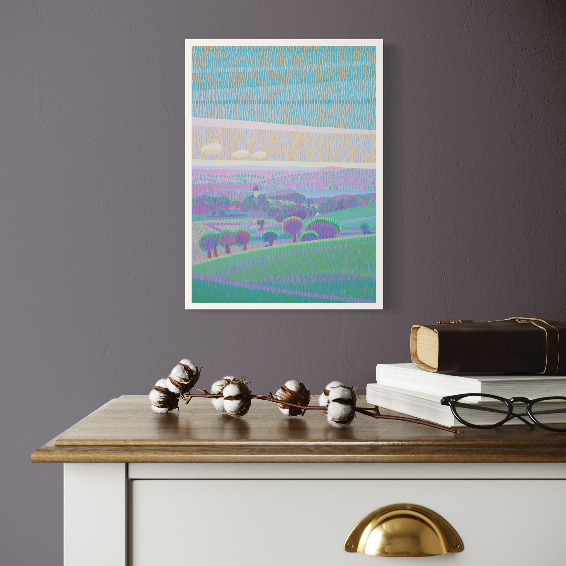 Mini-Poster "Landschaft1" im Format DIN A4 an einer Wand, ideal zum Pinnen oder Verschenken.