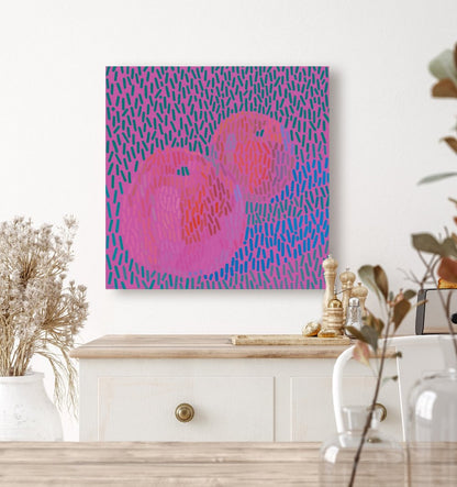 Äpfel Magenta Stillleben, Leinwanddruck in 30x30 cm, lebendige Farben, stilvolle Wanddekoration für moderne Räume.