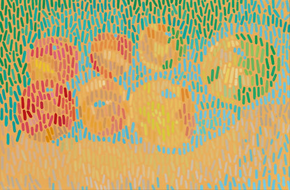 Abstraktes Stillleben mit Äpfeln und einer Orange, lebendige Farben auf strukturiertem Hintergrund.