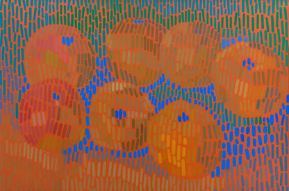 Stillleben von oranges mit leuchtenden Farben auf strukturiertem Hintergrund, Kunstdruck auf Leinwand.