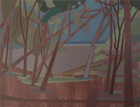 Kiefernduft 68x52cm Küstenlandschaft in dunklen Grün-, Blau- und Grautönen mit Kiefern, helle Spiegelung auf dem Wasser am Horizont.