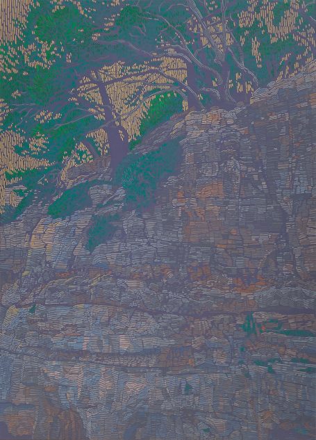 Felsküste 4, 120x90cm Blick auf eine felsige Wand auf der Pinien im Gegenicht stehen gestrichtelte Farben in Blau, Grau, Beige, Lila in sehr gedeckten Farben