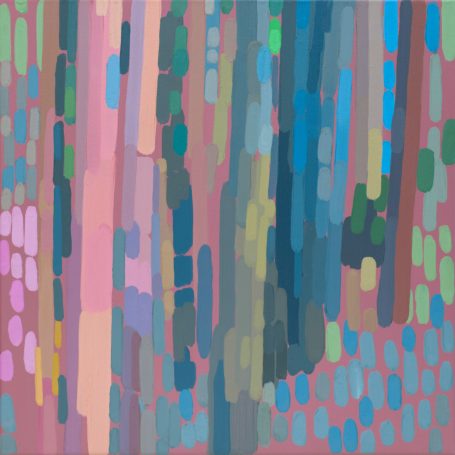 Waldlicht 2, 40x40cm Blick auf abstrahierte Bäume im Wald im Frühjahr die Sonnenlicht reflektieren und hellen warmen und kalten Farben, Beige, Orange, Blau, Lila