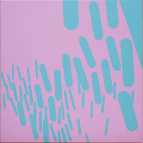 Pink-Türkis, 50x50cm Türkisfarbene, senktrechte, dicke Striche in unterschiedlicher Größe auf einem hellen Pink