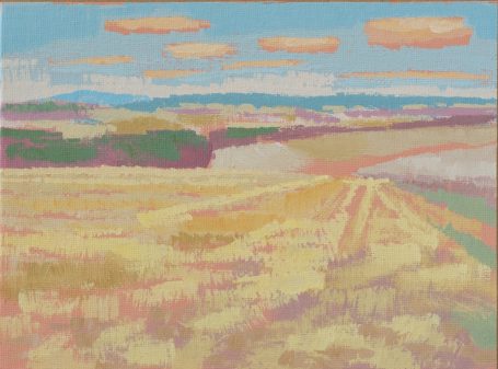Himmelblau, 20x15cm Landschftsmalerei mit Blick über ein sonnenbeschienes Kormfeld mit blauem Himmel